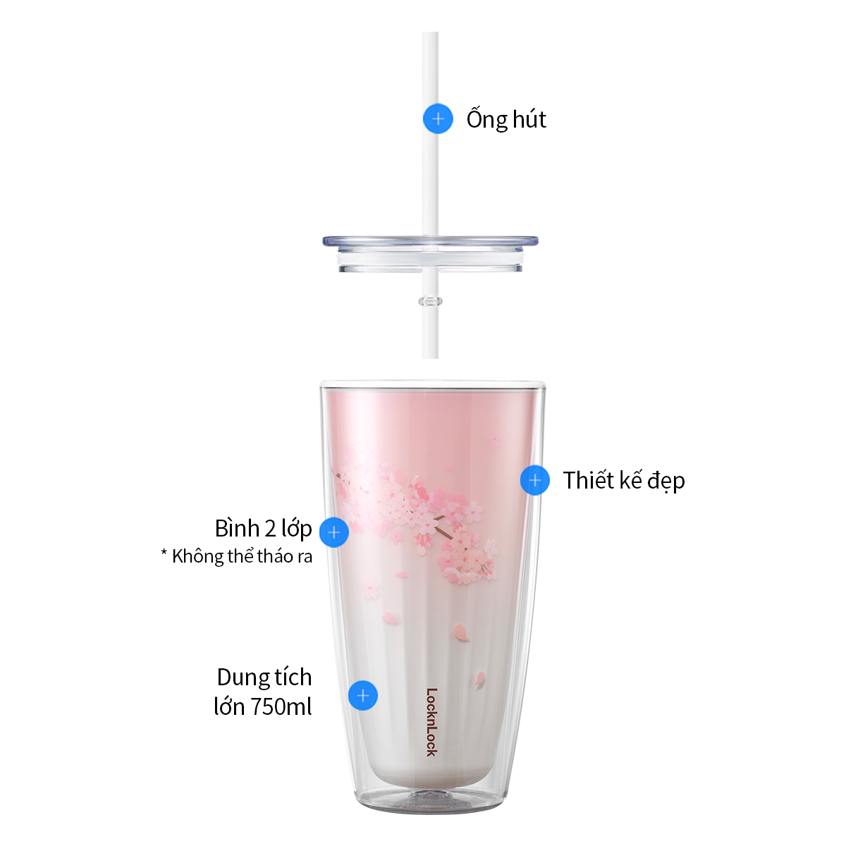 Ly Nhựa 2 Lớp LocknLock Kèm Ống Hút Cherry Blossom Double Wall Cold Cup 750nl - 2 Màu (Hồng, Trắng) - HAP522PIK, HAP522WHT, , large image number 5